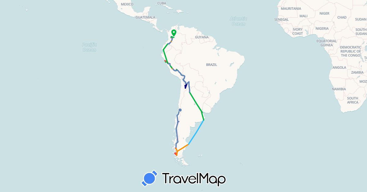 TravelMap itinerary: driving, bus, cycling, hiking, boat, hitchhiking in Argentina, Bolivia, Chile, Colombia, Ecuador, Peru (South America)